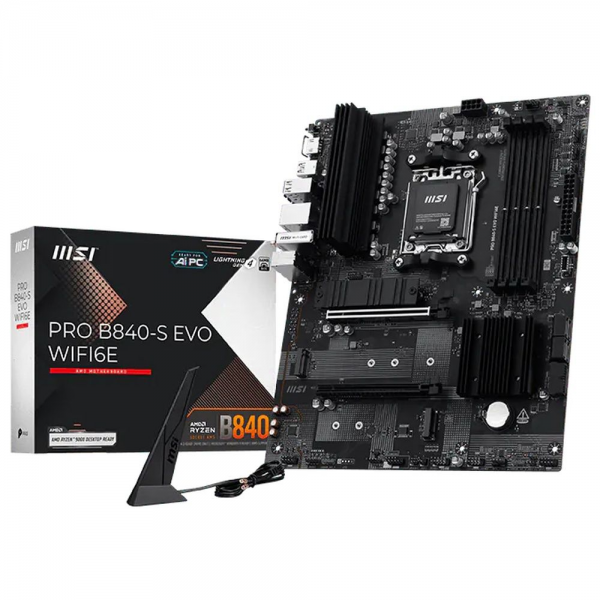 Материнская плата MSI PRO B840-S EVO WIFI6E B840, AM5, 4*DDR5, 2*PCIEx16, 3*M.2, 2*TypeC, 1*USB3.2Gen2, 4*USB3.2Gen1, 8*USB2.0, 4*SATA3.0, 2.5G, HDMI, ATX, RTL