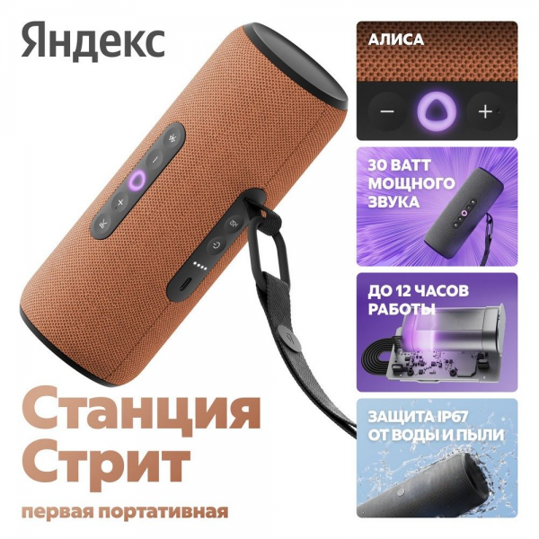 Портативная умная колонка Яндекс Станция Стрит с Алисой, 30 Вт,YNDX-00030ORG, оранжевый