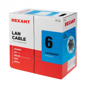 Кабель витая пара U/UTP, CAT 6, LSZH нг(А)-HF, 4PR, 23AWG, внутренний, однопроволочный, серый, 305 м