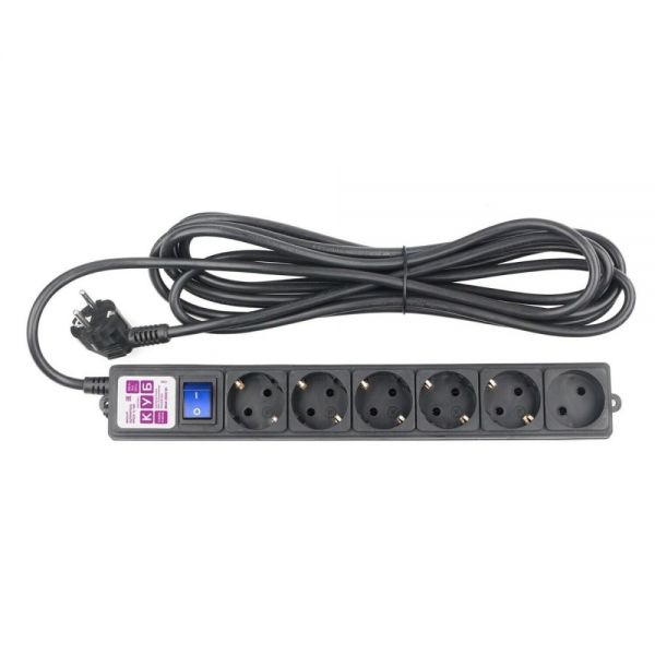 Фильтр-удлинитель Power Cube SPG6-B2 6 розеток (5 с заземлением + 1 без), черный, 5м, 16 А/3,5 кВт, 3*1.5мм²