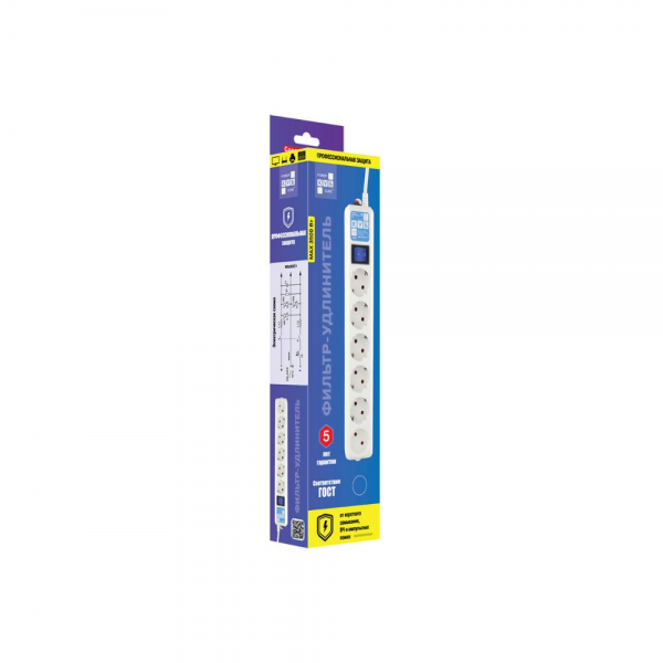 Фильтр-удлинитель Power Cube Pro SPL6-16-P-3M 6 розеток (5 с заземлением + 1 без), белый, 3м, 16 А/3,5 кВт, 3*1.5мм²