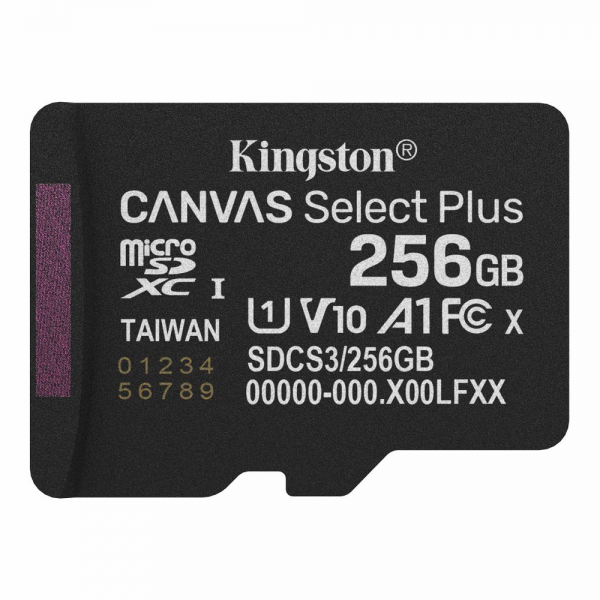 Карта памяти Kingston microSDXC 256GB Kingston Canvas Select Plus Memory Card SDCS3/256GBSP UHS-I U3 Class 10/V10/A1, Adapter, 150Mb/s, RTL