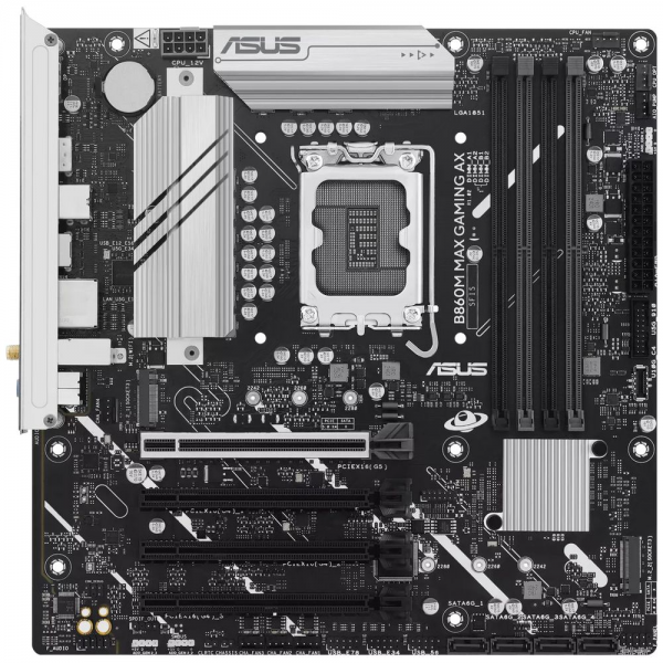 Материнская плата ASUS B860M MAX GAMING AX B860, LGA1851, 4*DDR5, 4*PCIEx16, 3*M.2, 2xTypeC, 1*USB3.2Gen2, 6*USB3.2Gen1, 10*USB2.0, 4*SATA3.0, 2.5G, DP, M-ATX, RTL