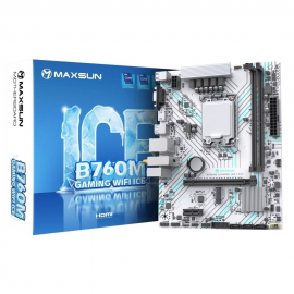 Материнская плата Maxsun Bad Pack MS-B760M GAMING WIFI ICE B760, LGA1700, 2*DDR4, 1*PCIEx16, 1*PCIEx1, 1*M.2, 4*USB3.2Gen1, 6*USB2.0, 3*SATA3.0, 1G, VGA, HDMI, M-ATX, RTL