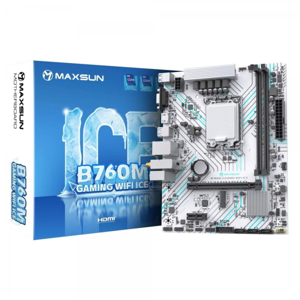 Материнская плата Maxsun Bad Pack MS-B760M GAMING WIFI ICE B760, LGA1700, 2*DDR4, 1*PCIEx16, 1*PCIEx1, 1*M.2, 4*USB3.2Gen1, 6*USB2.0, 3*SATA3.0, 1G, VGA, HDMI, M-ATX, RTL