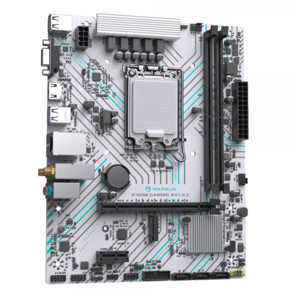 Материнская плата Maxsun Bad Pack MS-B760M GAMING WIFI ICE B760, LGA1700, 2*DDR4, 1*PCIEx16, 1*PCIEx1, 1*M.2, 4*USB3.2Gen1, 6*USB2.0, 3*SATA3.0, 1G, VGA, HDMI, M-ATX, RTL