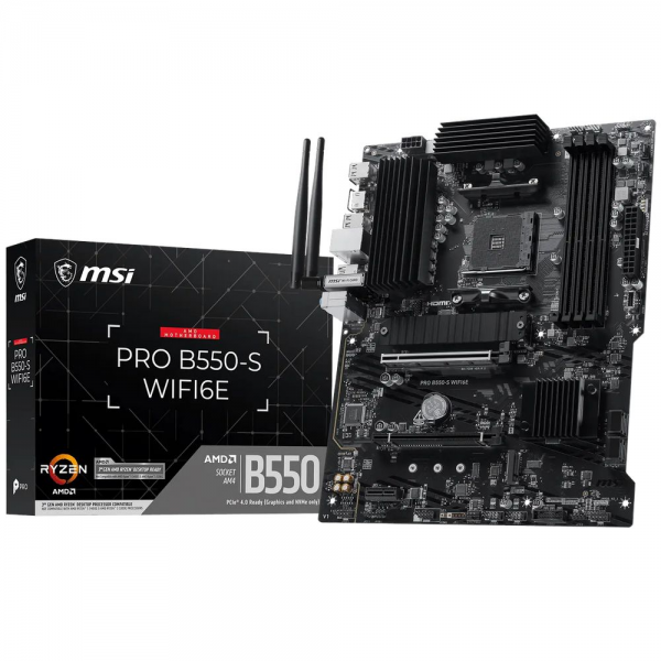 Материнская плата MSI PRO B550-S WIFI6E B550, AM4, 4*DDR4, 2*PCIEx16, 1xPCIEx1, 2*M.2, 2*TypeC, 1*USB3.2Gen2, 4*USB3.2Gen1, 8*USB2.0, 4*SATA3.0, 1G, HDMI, ATX, RTL