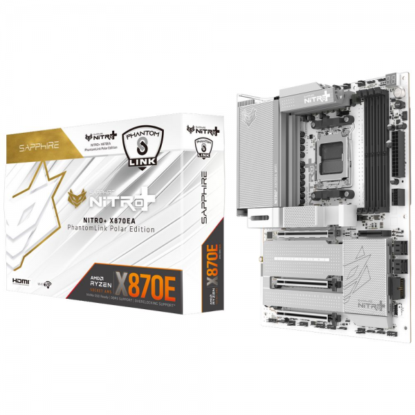 Материнская плата Sapphire NITRO+ X870EA PHANTOMLINK POLAREDITION X870E, AM5, 4*DDR5, 3*PCIEx16, 4*M.2, 1*TypeC, 4*USB3.2Gen2, 5*USB3.2Gen1, 4*USB2.0, 4*SATA3.0, 1*5G, 2*Type-C(DP), HDMI, ATX, RTL