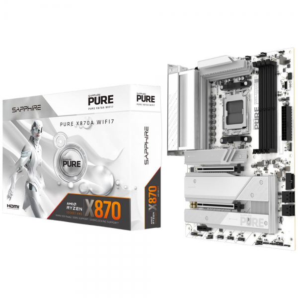 Материнская плата Sapphire PURE X870A X870, AM5, 4*DDR5, 2*PCIEx16, 1*PCIEx1, 3M.2, 1*TypeC, 2*USB3.2Gen2, 5*USB3.2Gen1, 4*USB2.0, 4*SATA3.0, 1*5G, DP, HDMI, 1*Type-C(DP), ATX, RTL