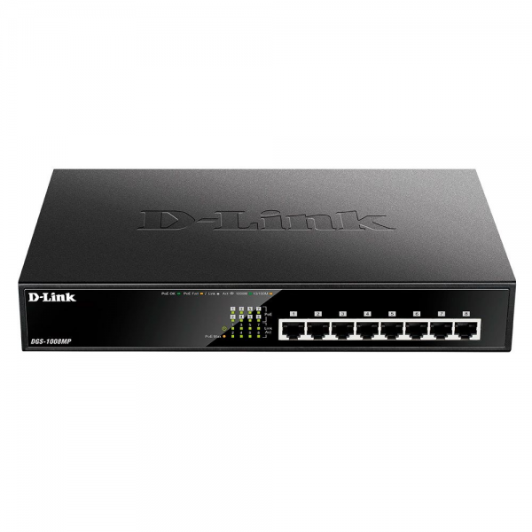 Коммутатор D-Link DGS-1008MP/B1A Неуправляемый коммутатор с 8 портами 10/100/1000Base-T с поддержкой PoE 802.3af/802.3at (30 Вт, PoE бюджет 140 Вт) и функцией энергосбережения {5} (439865)