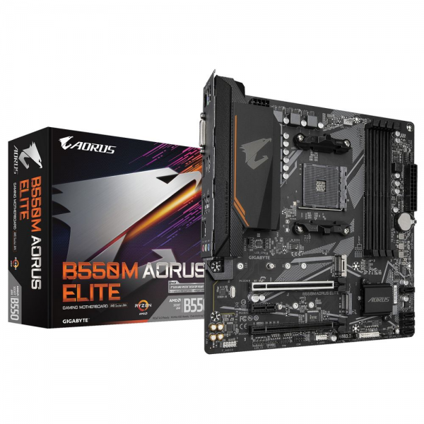Материнская плата Gigabyte B550M AORUS ELITE, Socket AM4, AMD B550, 4xDDR4-3200, DVI-D+HDMI, 2xPCI-Ex16, 1xPCI-Ex1, 4xSATA3(RAID 0/1/10), 2xM.2, 8 Ch Audio, GLan, (4+2)xUSB2.0, (4+2)xUSB3.2, 1xPS/2, mATX, RTL {10} (809546)
