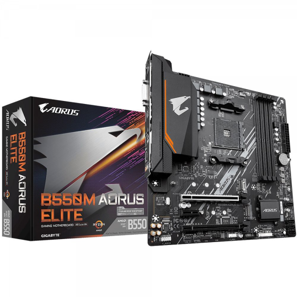 Материнская плата Gigabyte B550M AORUS ELITE, Socket AM4, AMD B550, 4xDDR4-3200, DVI-D+HDMI, 2xPCI-Ex16, 1xPCI-Ex1, 4xSATA3(RAID 0/1/10), 2xM.2, 8 Ch Audio, GLan, (4+2)xUSB2.0, (4+2)xUSB3.2, 1xPS/2, mATX, RTL {10} (809546)
