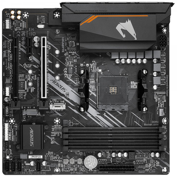 Материнская плата Gigabyte B550M AORUS ELITE, Socket AM4, AMD B550, 4xDDR4-3200, DVI-D+HDMI, 2xPCI-Ex16, 1xPCI-Ex1, 4xSATA3(RAID 0/1/10), 2xM.2, 8 Ch Audio, GLan, (4+2)xUSB2.0, (4+2)xUSB3.2, 1xPS/2, mATX, RTL {10} (809546)