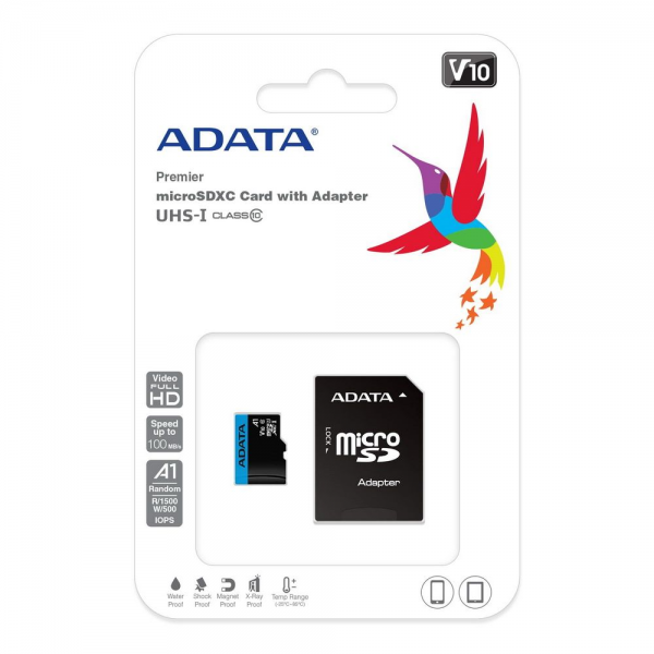 Карта памяти ADATA microSDHC 32GB ADATA Premier Memory Card AUSDH32GUICL10A1-RA1 UHS-I Class 10/V10 A1, 100/20 MB/s, AUSDH32GUICL10A1-RA1 Adapter, -25°C + 85°C, RTL (461926)