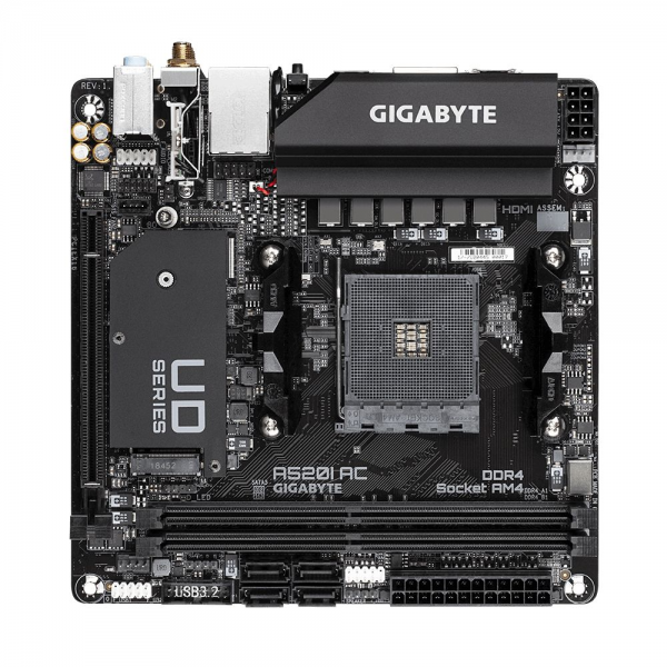 Материнская плата Gigabyte A520I AC, Socket AM4, AMD A520, 2xDDR4-3200, HDMI+HDMI+DP, 1xPCI-Ex16, 4xSATA3(RAID 0,1,10), 1xM.2, 8 Ch Audio, GLan, WiFi, (2+2)xUSB2.0, (4+2)xUSB3.2, Mini-ITX, RTL {10} (809867)