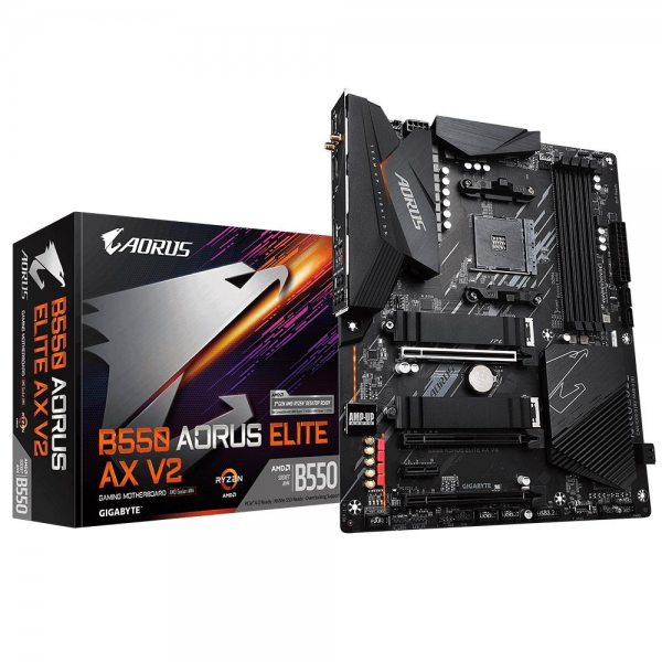 Материнская плата Gigabyte B550 AORUS ELITE AX V2, Socket AM4, AMD B550, 4xDDR4-3200, HDMI+DP, 3xPCI-Ex16, 1xPCI-Ex1, 4xSATA3(RAID 0/1/10), 2xM.2, 8 Ch Audio, 2.5GLan, WiFi, (2+4)xUSB2.0, (5+2)xUSB3.2, (0+1)xUSB3.2 Type-C™, ATX, RTL {8} (809904)