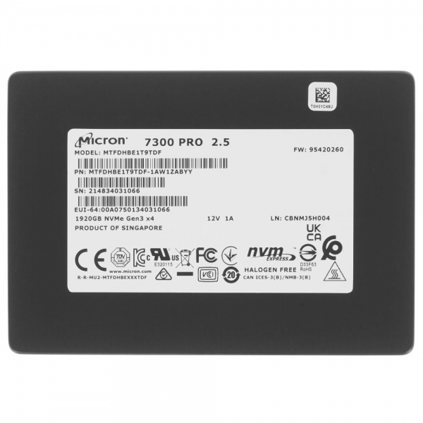 Жесткий диск SSD Micron «2.5» U.2 1920GB Micron 7300 PRO Enterprise SSD MTFDHBE1T9TDF-1AW1ZABYY NVME, 3000/1550, IOPS» MTFDHBE1T9TDF-1AW1ZABYY 396/55K, MTTF 2M, 3D TLC, 512e, 4200TBW, 1.2DWPD