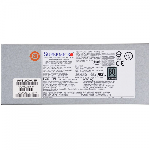 Блок питания SuperMicro PWS-2K20A-1R 1U 2200W Redundant, Titanium, 76(W) X 40(H) X 336(L) mm