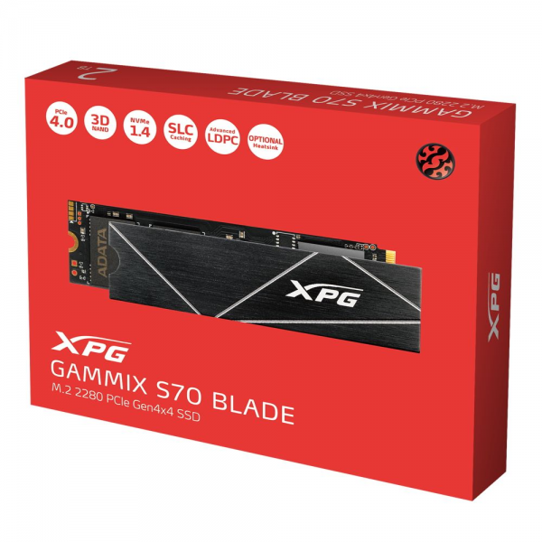 Твердотельный накопитель SSD ADATA XPG GAMMIX S70 BLADE 1TB M.2 2280 AGAMMIXS70B-1T-CS Client PCIe Gen4x4 with NVMe, 7400/5500, IOPS 350/720K, MTBF 2M, 3D TLC, 740TBW, 0,41DWPD, Heatsink, RTL (933065)