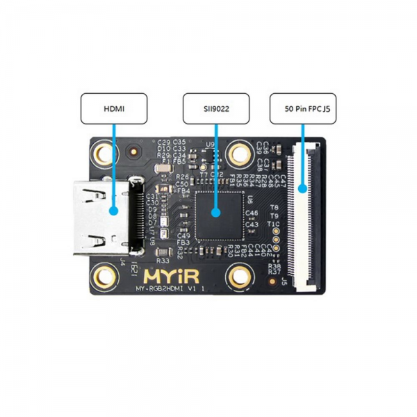 Модуль дисплея Myir MY-RGB2HDMI MY-RGB2HDMI Module for the MYD-YA15XC-T development board. It can be used to convert RGB signal to HDMI signal through connecting the LCD interface of the MYD-YA15XC-T board.